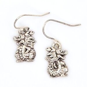 Silver Tone Dragon Charm Drop Dangle Earrings on 925 Sterling Silver Hooks